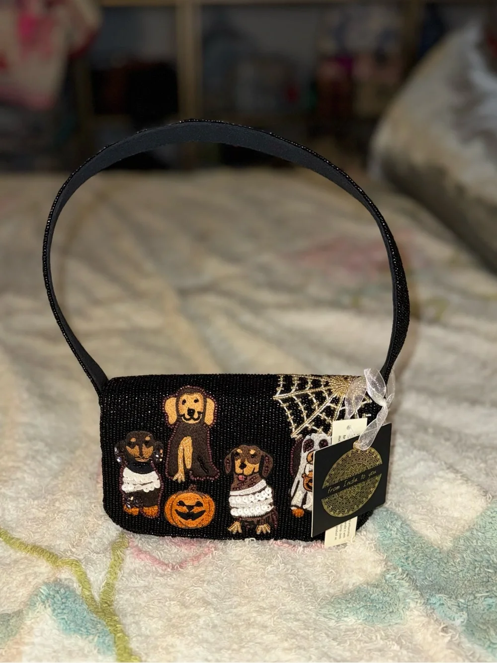 NWT Viral Handcrafted in India Beaded Halloween Dogs Shoulder Bag Spooky